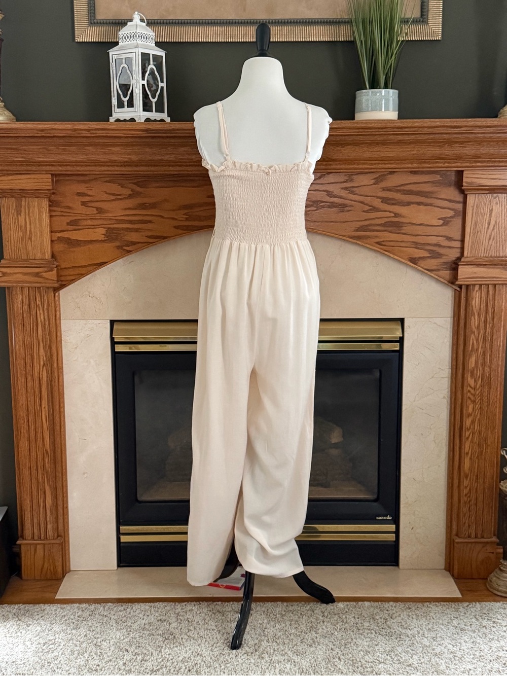 VENUS Cream Linen Blend Smocked Bodice Wide-Leg Jumpsuit Size 10 NWOT - Picture 7 of 13